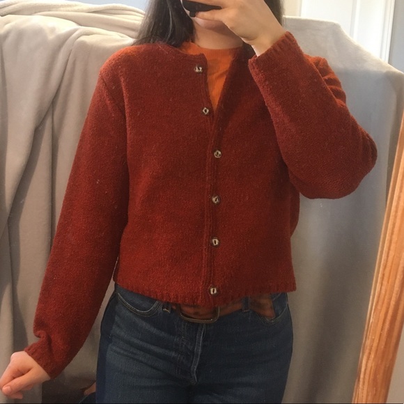 🍁 Vintage Burnt Orange Fuzzy Cropped Cardigan - Picture 4 of 13